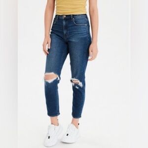 AMERICAN EAGLE Sz 16 Mom Style Busted Knee Dark Wash High Rise Chewed Hem Jeans